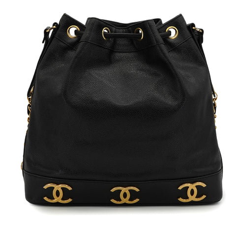 VINTAGE CHANEL TRIPLE COCO DRAWSTRING CHAIN SHOULDER BAG BLACK CAVIAR SKIN GOLD HARDWARE 90339658