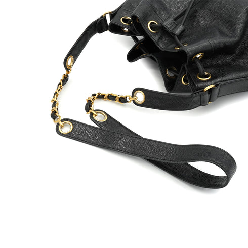 VINTAGE CHANEL TRIPLE COCO DRAWSTRING CHAIN SHOULDER BAG BLACK CAVIAR SKIN GOLD HARDWARE 90339658