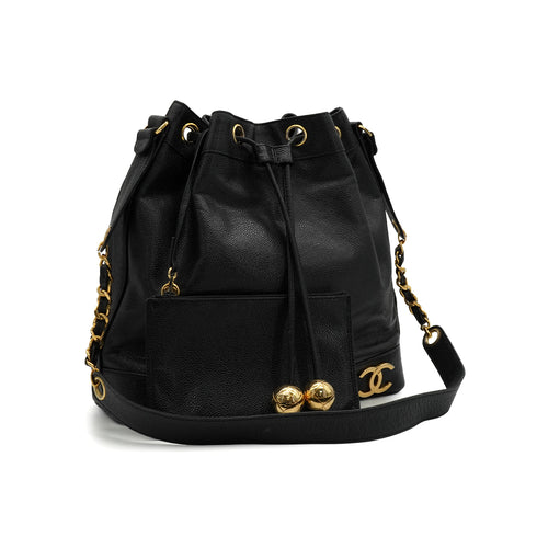 VINTAGE CHANEL TRIPLE COCO DRAWSTRING CHAIN SHOULDER BAG BLACK CAVIAR SKIN GOLD HARDWARE 90339658