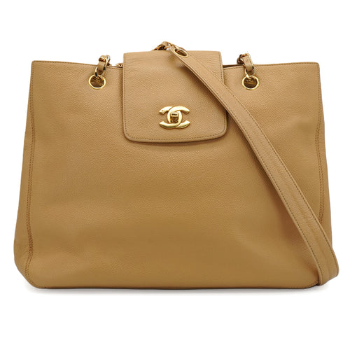 VINTAGE CHANEL TURNLOCK CHAIN SHOULDER BAG BEIGE CAVIAR SKIN GOLD HARDWARE 90349277