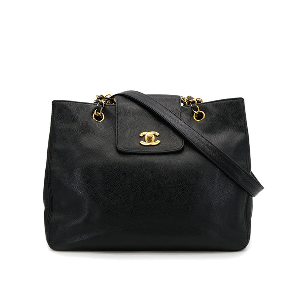 VINTAGE CHANEL TURN LOCK CHAIN TOTE BAG BLACK CAVIAR SKIN GOLD HARDWARE 90319144