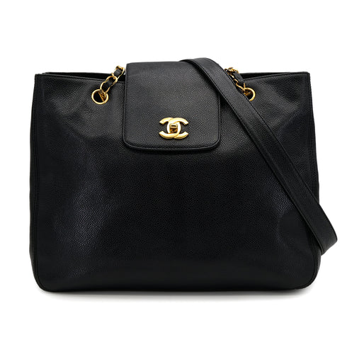 VINTAGE CHANEL TURN LOCK CHAIN TOTE BAG BLACK CAVIAR SKIN GOLD HARDWARE 90319685