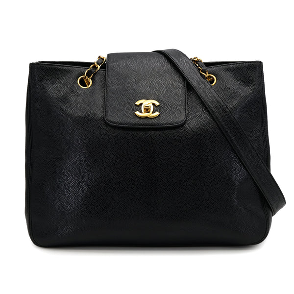 VINTAGE CHANEL TURN LOCK CHAIN TOTE BAG BLACK CAVIAR SKIN GOLD HARDWARE 90319685
