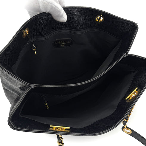 VINTAGE CHANEL TURN LOCK CHAIN TOTE BAG BLACK CAVIAR SKIN GOLD HARDWARE 90319685