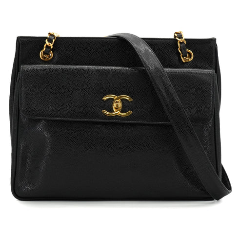 VINTAGE CHANEL TURN LOCK CHAIN TOTE BAG BLACK CAVIAR SKIN GOLD HARDWARE 90340135
