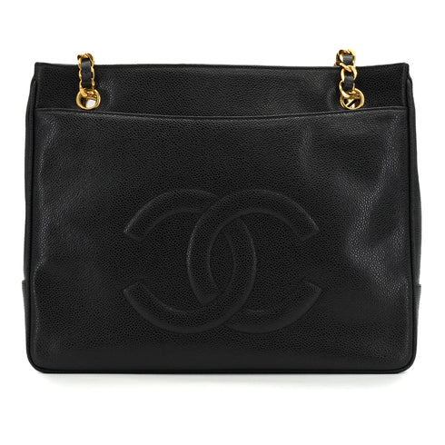 VINTAGE CHANEL TURN LOCK CHAIN TOTE BAG BLACK CAVIAR SKIN GOLD HARDWARE 90340135