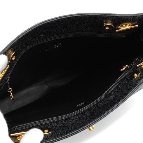 VINTAGE CHANEL TURN LOCK CHAIN TOTE BAG BLACK CAVIAR SKIN GOLD HARDWARE 90340135