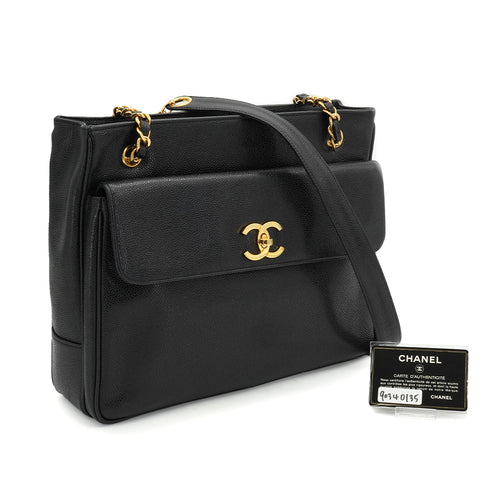 VINTAGE CHANEL TURN LOCK CHAIN TOTE BAG BLACK CAVIAR SKIN GOLD HARDWARE 90340135