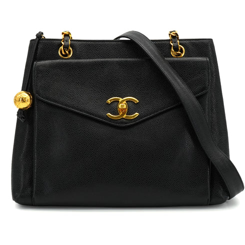 VINTAGE CHANEL TURN LOCK CHAIN TOTE BAG BLACK CAVIAR SKIN GOLD HARDWARE 90340502