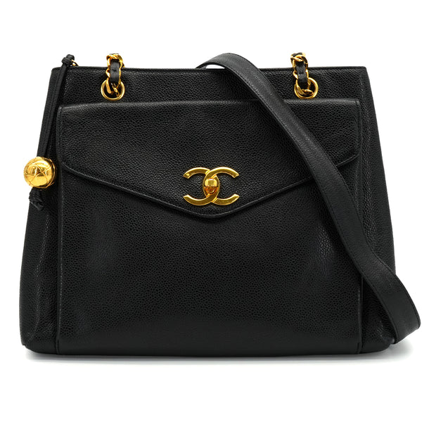 VINTAGE CHANEL TURN LOCK CHAIN TOTE BAG BLACK CAVIAR SKIN GOLD HARDWARE 90340502