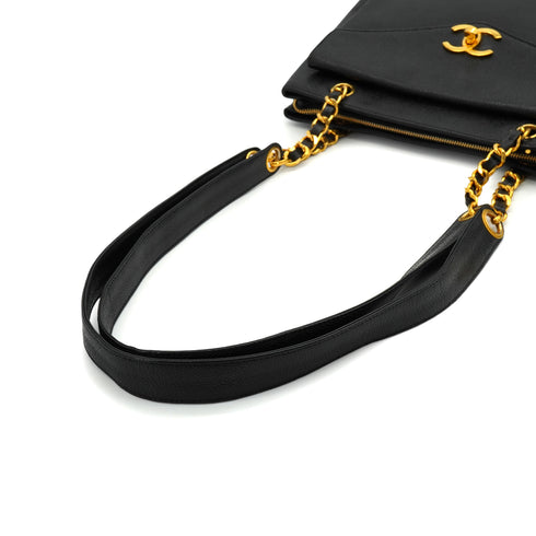 VINTAGE CHANEL TURN LOCK CHAIN TOTE BAG BLACK CAVIAR SKIN GOLD HARDWARE 90340502