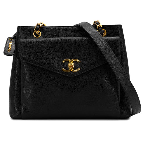 VINTAGE CHANEL TURN LOCK CHAIN TOTE BAG BLACK CAVIAR SKIN GOLD HARDWARE 90317009