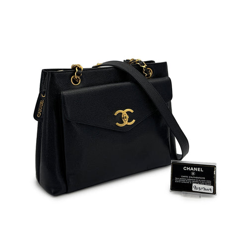 VINTAGE CHANEL TURN LOCK CHAIN TOTE BAG BLACK CAVIAR SKIN GOLD HARDWARE 90317009