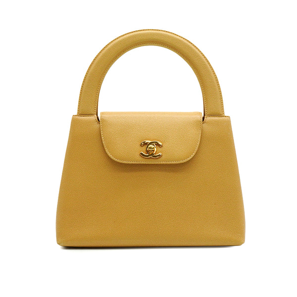 VINTAGE CHANEL TURN LOCK HAND BAG BEIGE CAVIAR SKIN GOLD HARDWARE 90341843