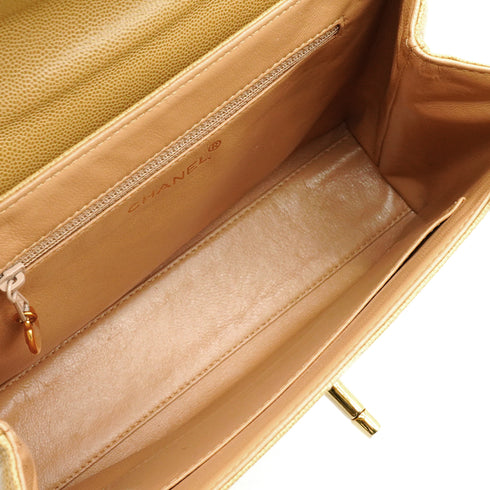 VINTAGE CHANEL TURN LOCK HAND BAG BEIGE CAVIAR SKIN GOLD HARDWARE 90341843