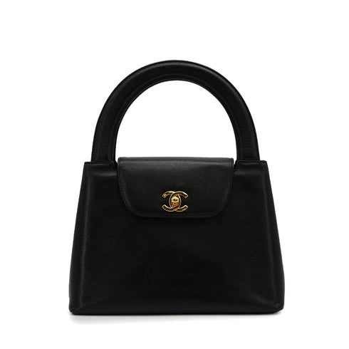 VINTAGE CHANEL TURN LOCK HAND BAG BLACK CAVIAR SKIN GOLD HARDWARE 90341844
