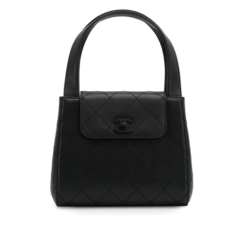 VINTAGE CHANEL TURN LOCK HAND BAG BLACK CAVIAR SKIN PLASTIC HARDWARE 90341845