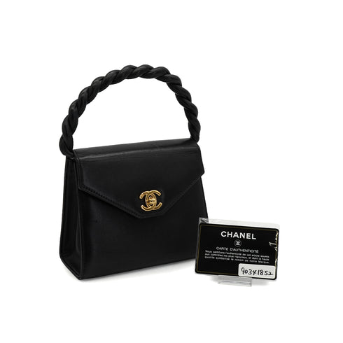 VINTAGE CHANEL TURN LOCK HAND BAG BLACK LAMB SKIN GOLD HARDWARE 90341852