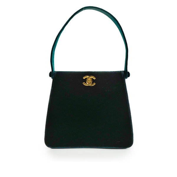 VINTAGE CHANEL TURN LOCK HAND BAG GREEN VELOUR GOLD HARDWARE 90342583