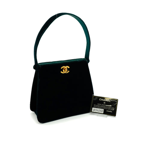 VINTAGE CHANEL TURN LOCK HAND BAG GREEN VELOUR GOLD HARDWARE 90342583