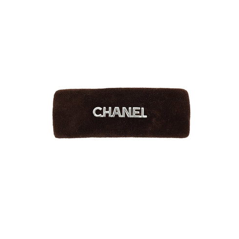 VINTAGE CHANEL VALLETTA LOGO BROWN SILVER VELOR HAIR ACCESSORY 90331827
