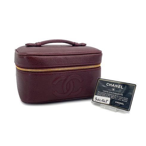 VINTAGE CHANEL VANITY HAND BAG BORDEAUX CAVIAR SKIN GOLD HARDWARE 90321625