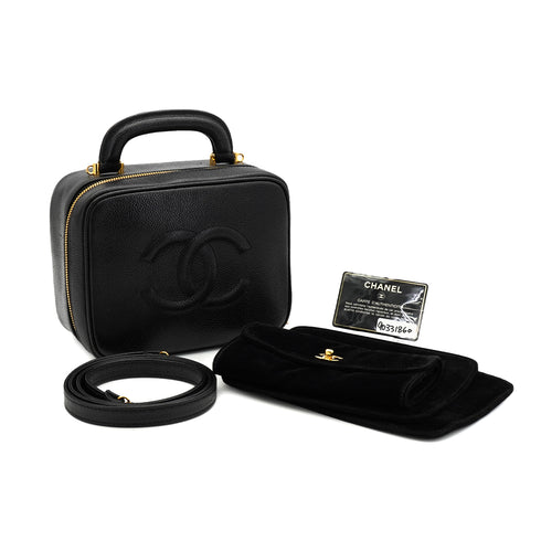 VINTAGE CHANEL VANITY HAND SHUOLDER BAG BLACK CAVIAR SKIN GOLD HARDWARE 90331860