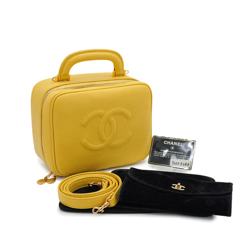 VINTAGE CHANEL VANITY HAND SHUOLDER BAG YELLOW CAVIAR SKIN GOLD HARDWARE 90335288