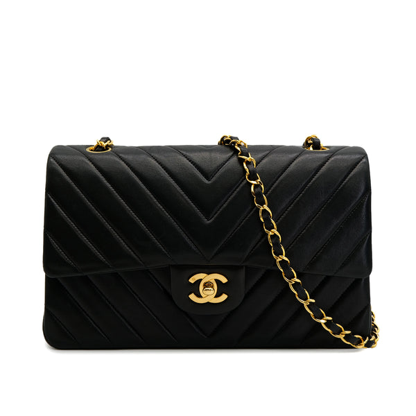VINTAGE CHANEL CHEVRON V STITCH CHAIN SHOULDER BAG BLACK LAMB SKIN GOLD HARDWARE 90321162