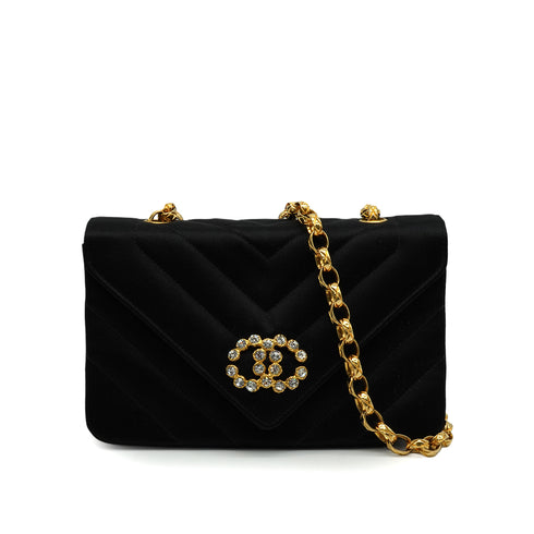 VINTAGE CHANEL V STITCH RHINESTONE COCOMARK BIJOU CHAIN SHOULDER BAG BLACK SATIN GOLD HARDWARE 90343941