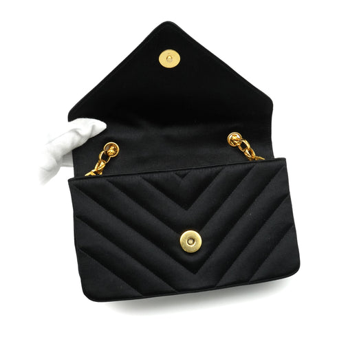 VINTAGE CHANEL V STITCH RHINESTONE COCOMARK BIJOU CHAIN SHOULDER BAG BLACK SATIN GOLD HARDWARE 90343941