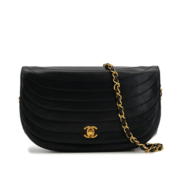 VINTAGE CHANEL WAVE STITCH CHAIN SHOULDER BAG BLACK LAMB SKIN GOLD HARDWARE 90324278