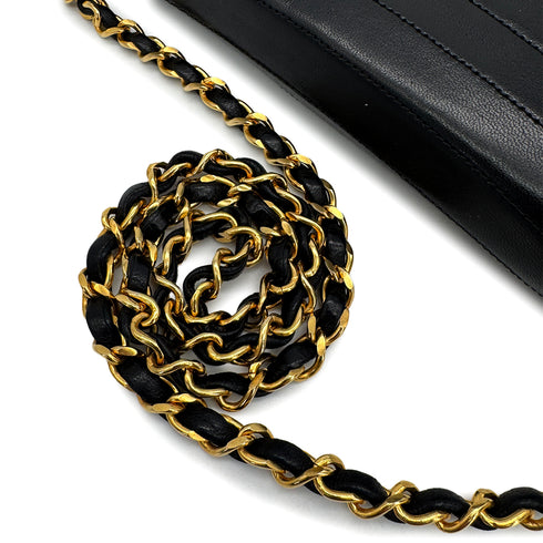 VINTAGE CHANEL WAVE STITCH CHAIN SHOULDER BAG BLACK LAMB SKIN GOLD HARDWARE 90324278