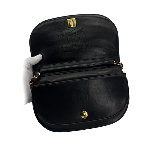 VINTAGE CHANEL WAVE STITCH CHAIN SHOULDER BAG BLACK LAMB SKIN GOLD HARDWARE 90324278