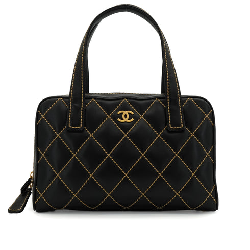 VINTAGE CHANEL WILD STITCH HAND BAG BLACK LEATHER GOLD HARDWARE 90344373