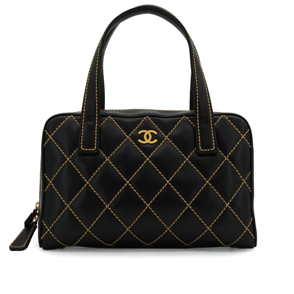 VINTAGE CHANEL WILD STITCH HAND BAG BLACK LEATHER GOLD HARDWARE 90344373
