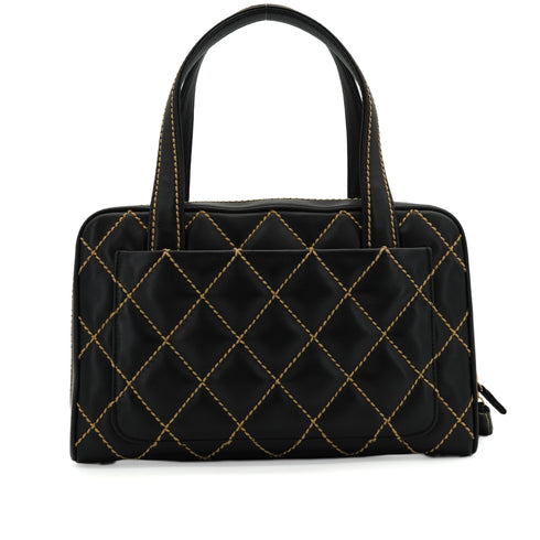 VINTAGE CHANEL WILD STITCH HAND BAG BLACK LEATHER GOLD HARDWARE 90344373