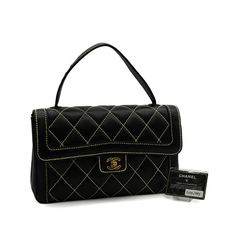 VINTAGE CHANEL WILD STITCH HAND BAG BLACK LEATHER GOLD HARDWARE 90345993