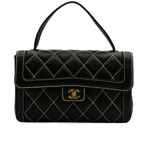 VINTAGE CHANEL WILD STITCH HAND BAG BLACK LEATHER GOLD HARDWARE 90345993