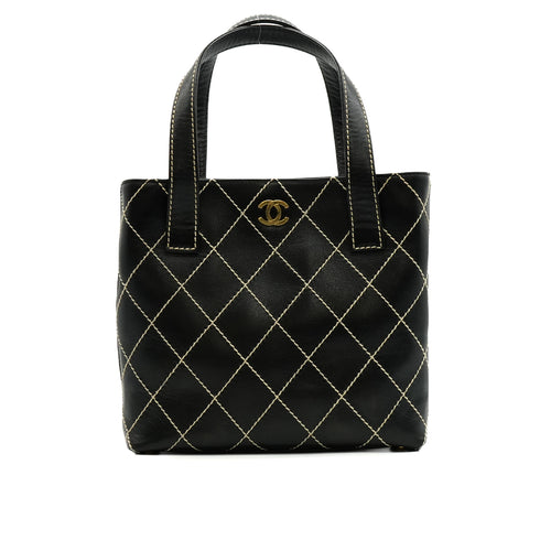 VINTAGE CHANEL WILD STITCH HAND TOTE BAG BLACK LEATHER GOLD HARDWARE 90348236