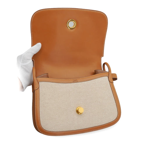 VINTAGE HERMES NATUREL TOILE H VACHE HUNTER SHOULDER BAG 1979 CIRCLE I GOLD HARDWARE 90335881