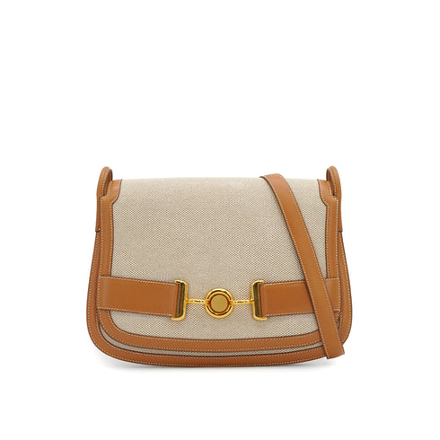 VINTAGE HERMES NATUREL TOILE H VACHE HUNTER SHOULDER BAG 1979 CIRCLE I GOLD HARDWARE 90335881