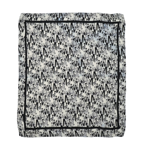 VINTAGE CHANEL SCARF COCOMARK MADEMOISELLE GRAPHIC BLACK WHITE SILK 90339147