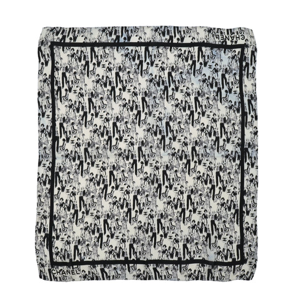 VINTAGE CHANEL SCARF COCOMARK MADEMOISELLE GRAPHIC BLACK WHITE SILK 90339147
