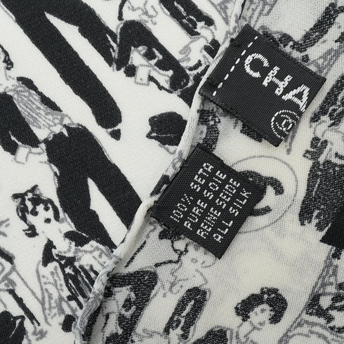 VINTAGE CHANEL SCARF COCOMARK MADEMOISELLE GRAPHIC BLACK WHITE SILK 90339147