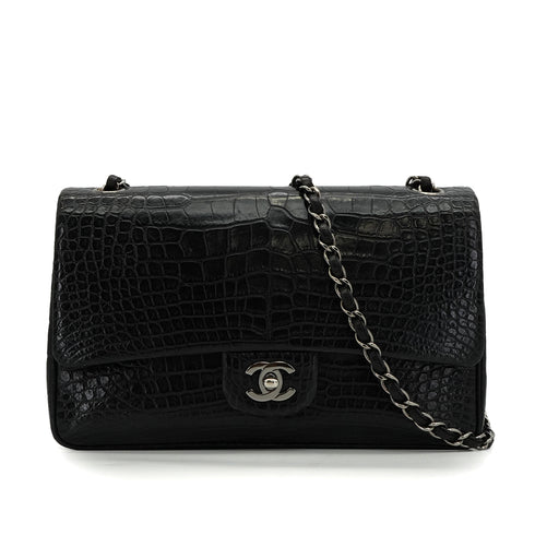 VINTEGE CHANEL CLASSIC FLAP MEDIUM CHAIN SHOULDER BAG BLACK CROCODILE SILVER HARDWARE 90340464