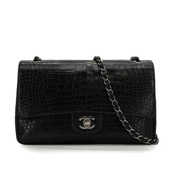 VINTEGE CHANEL CLASSIC FLAP MEDIUM CHAIN SHOULDER BAG BLACK CROCODILE SILVER HARDWARE 90340464
