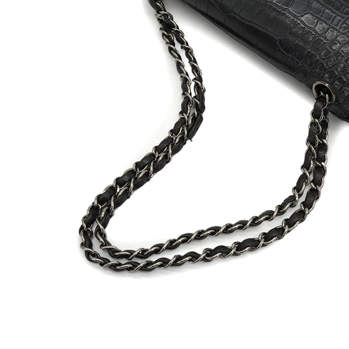 VINTEGE CHANEL CLASSIC FLAP MEDIUM CHAIN SHOULDER BAG BLACK CROCODILE SILVER HARDWARE 90340464