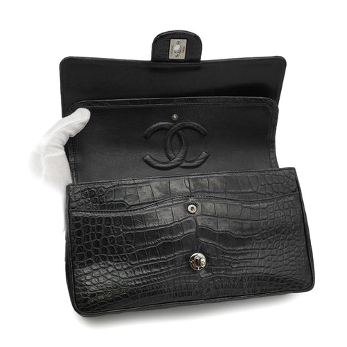 VINTEGE CHANEL CLASSIC FLAP MEDIUM CHAIN SHOULDER BAG BLACK CROCODILE SILVER HARDWARE 90340464