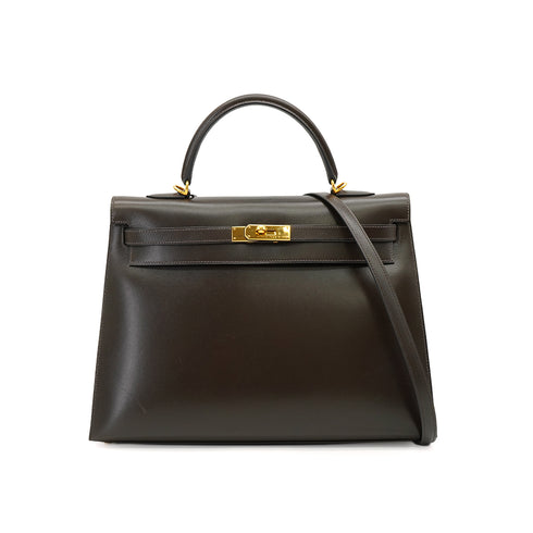 HERMES KELLY 35 SELLIER EBENE BOX CALF HAND SHOULDER BAG 2001 SQUARE E GOLD HARDWARE 90338878